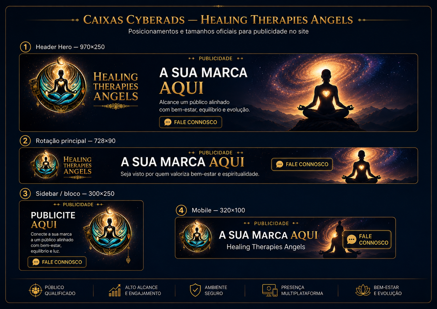 Exemplos de caixas CyberAds e respetivos tamanhos na Healing Therapies Angels